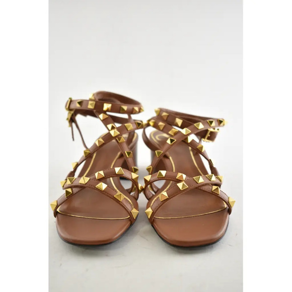 Valentino Rockstud Brown Flair City Ankle Strap Wrap Sandal Block Heel Pump 37 - Picture 4 of 12